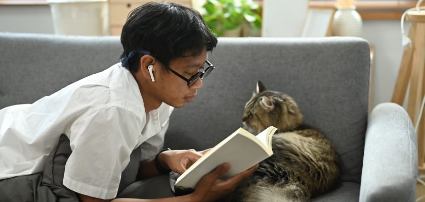 casual man lying on couch with his lovely cat and reading book